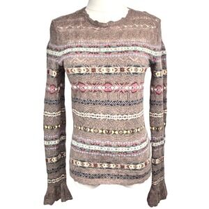 Polo Ralph Lauren Southwestern Sweater Brown Wool Cashmere Pointelle Crochet M